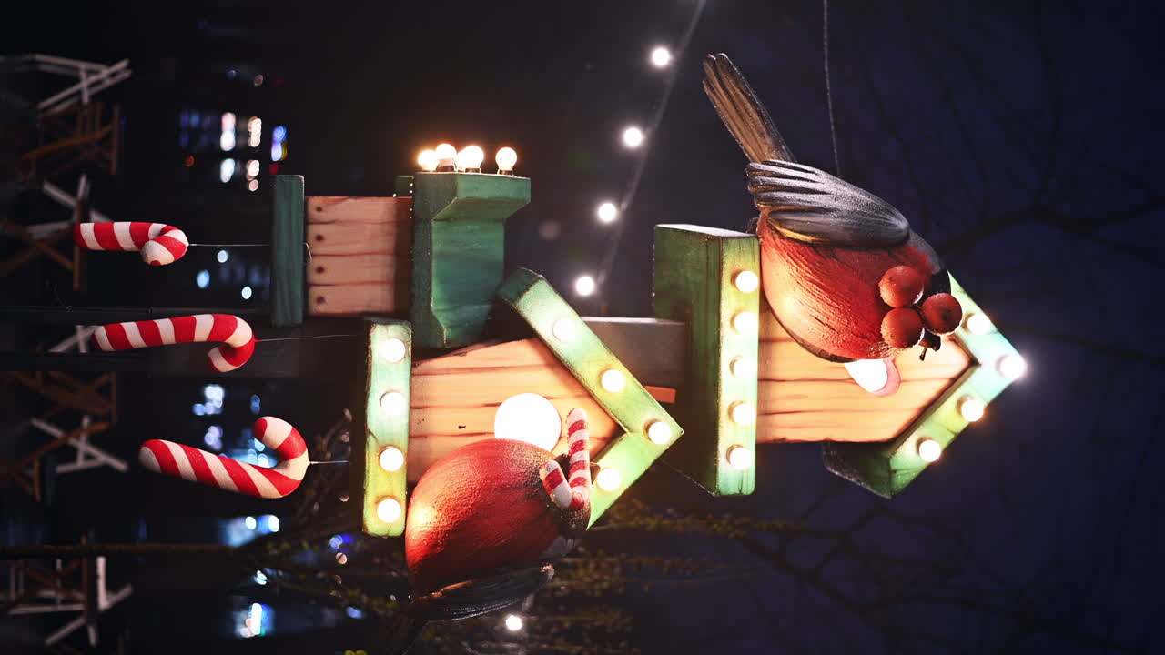 Colorful arrow sign adorned with candy canes and ornaments lights up the night. The scene captures a festive atmosphere, ideal for holiday celebrations