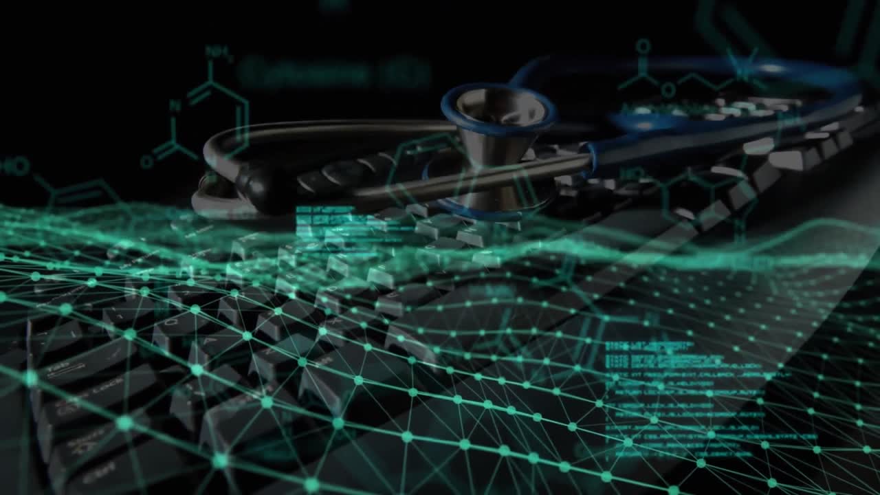 Animation of network of connections and data processing over doctor's stethoscope
