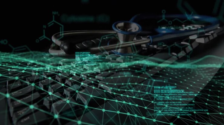 Animation of network of connections and data processing over doctor's stethoscope
