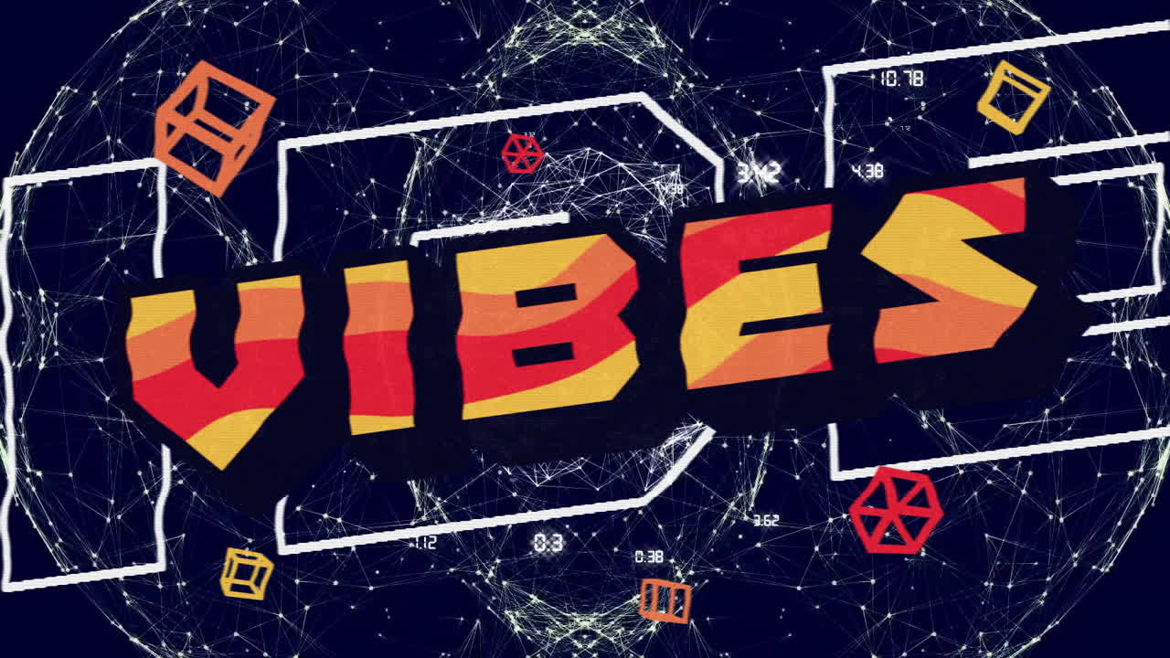 Animation of vibes text over neon pattern background