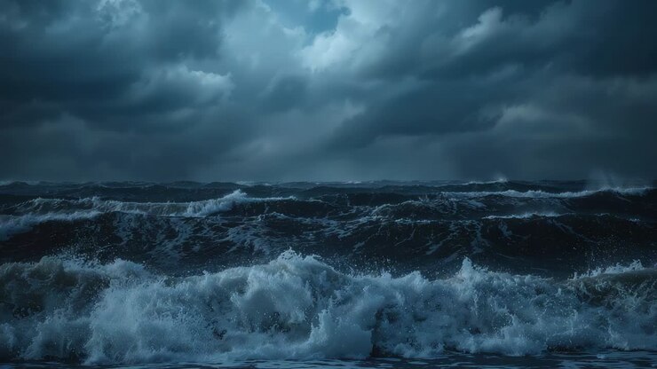 Onde oceaniche che si increspano all'orizzonte, infrangendosi sotto le nuvole temporalesche, sollevando schiuma marina e spruzzi