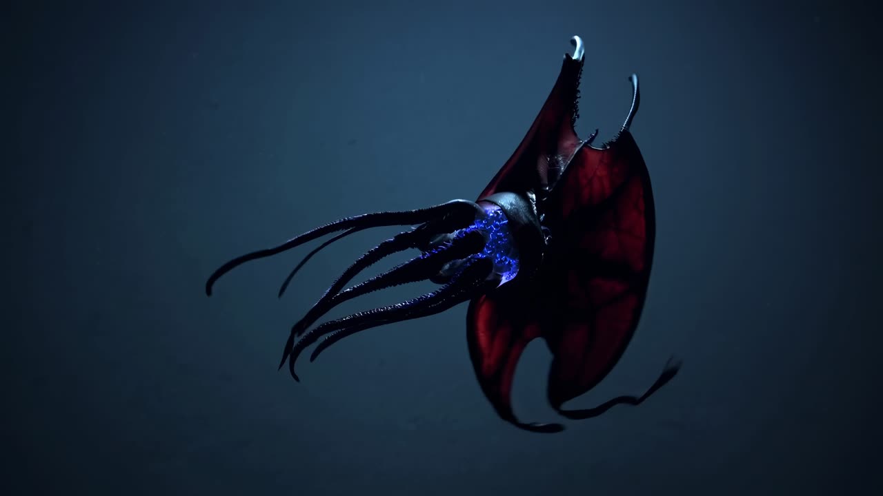 A dramatic underwater video shot of a squid from a low angle, highlighting its silhouette