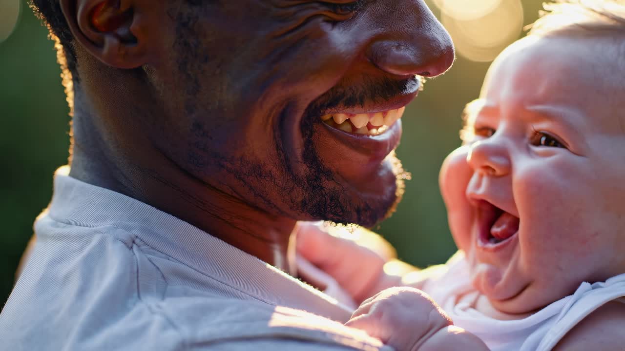 A close-up video captures a joyful baby in a man's arms, bathed in warm sunlight
