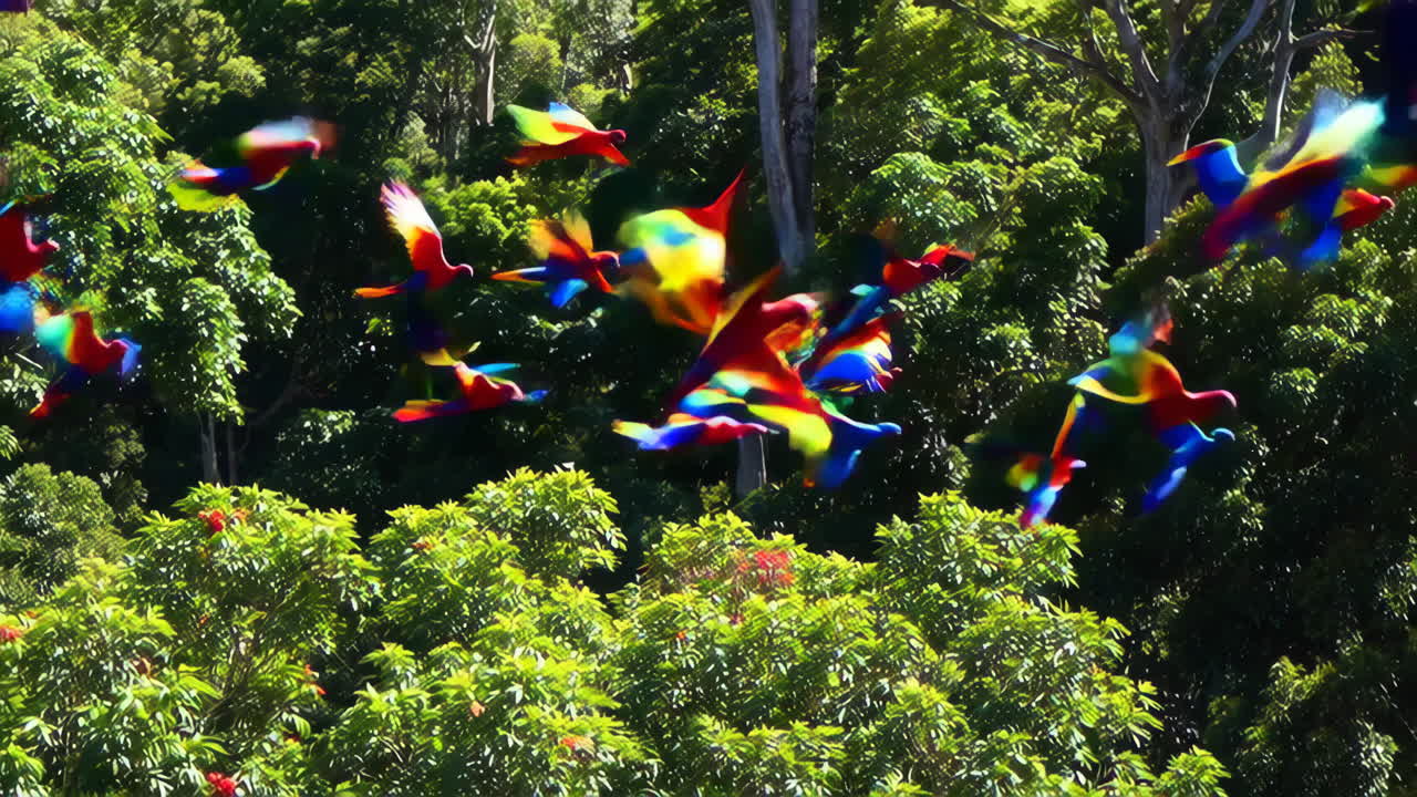 Flock of Colorful Parrots in a Tropical Forest