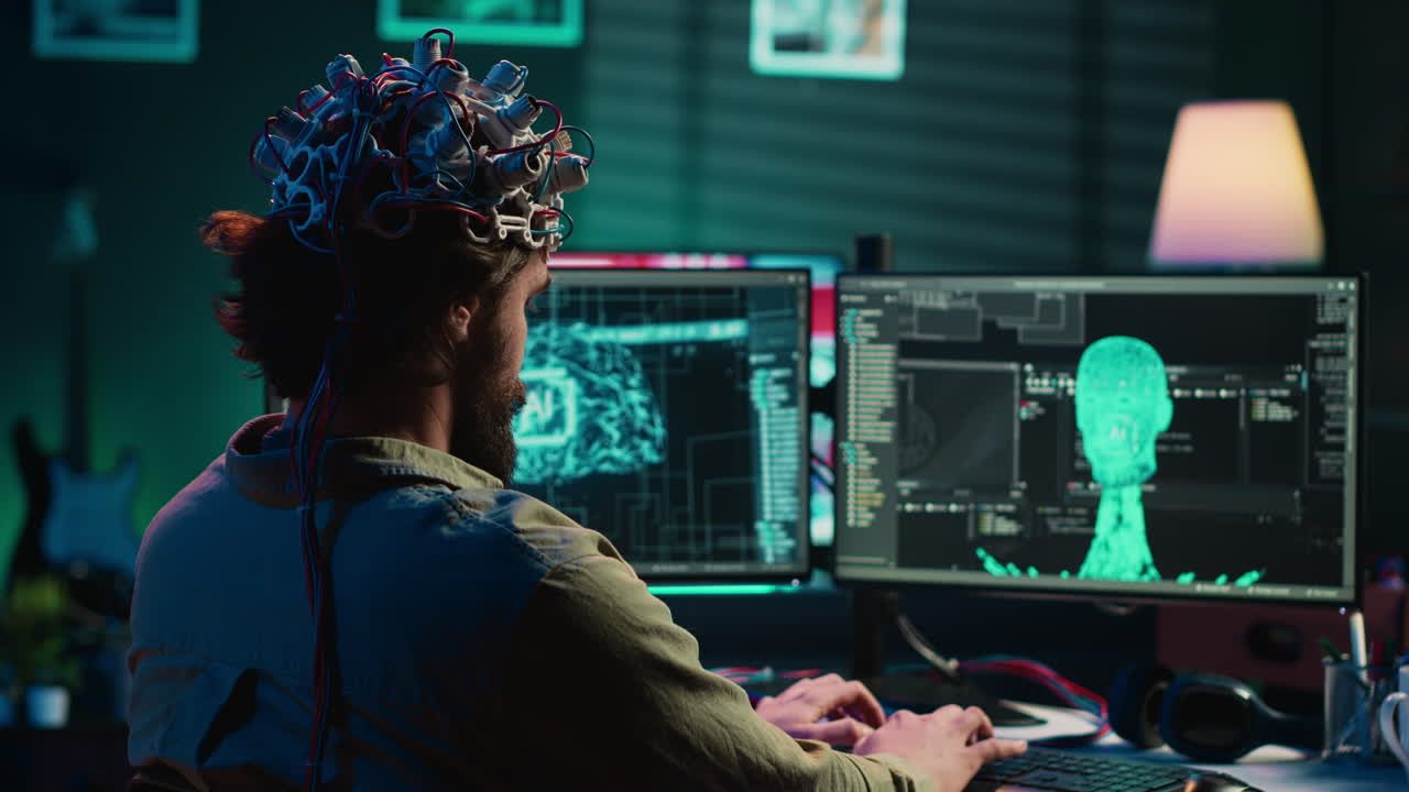 Engineer with EEG headset on merging with artificial intelligence