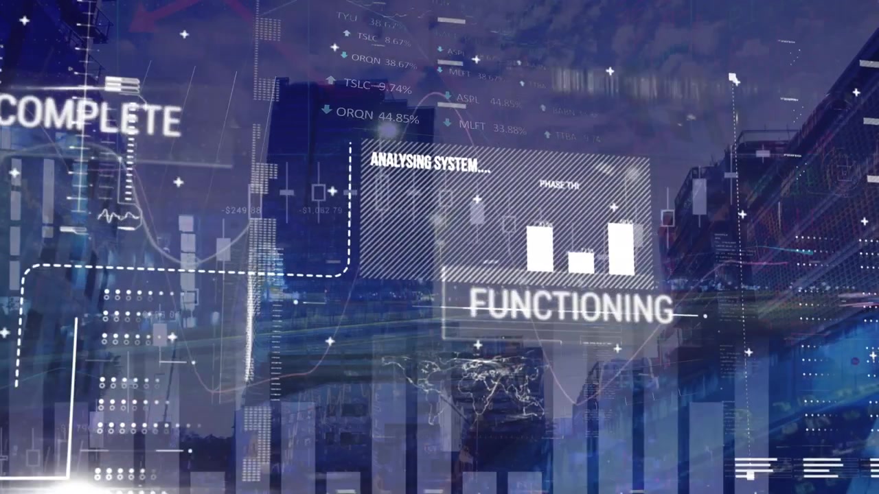 Animation of data processing over cityscape