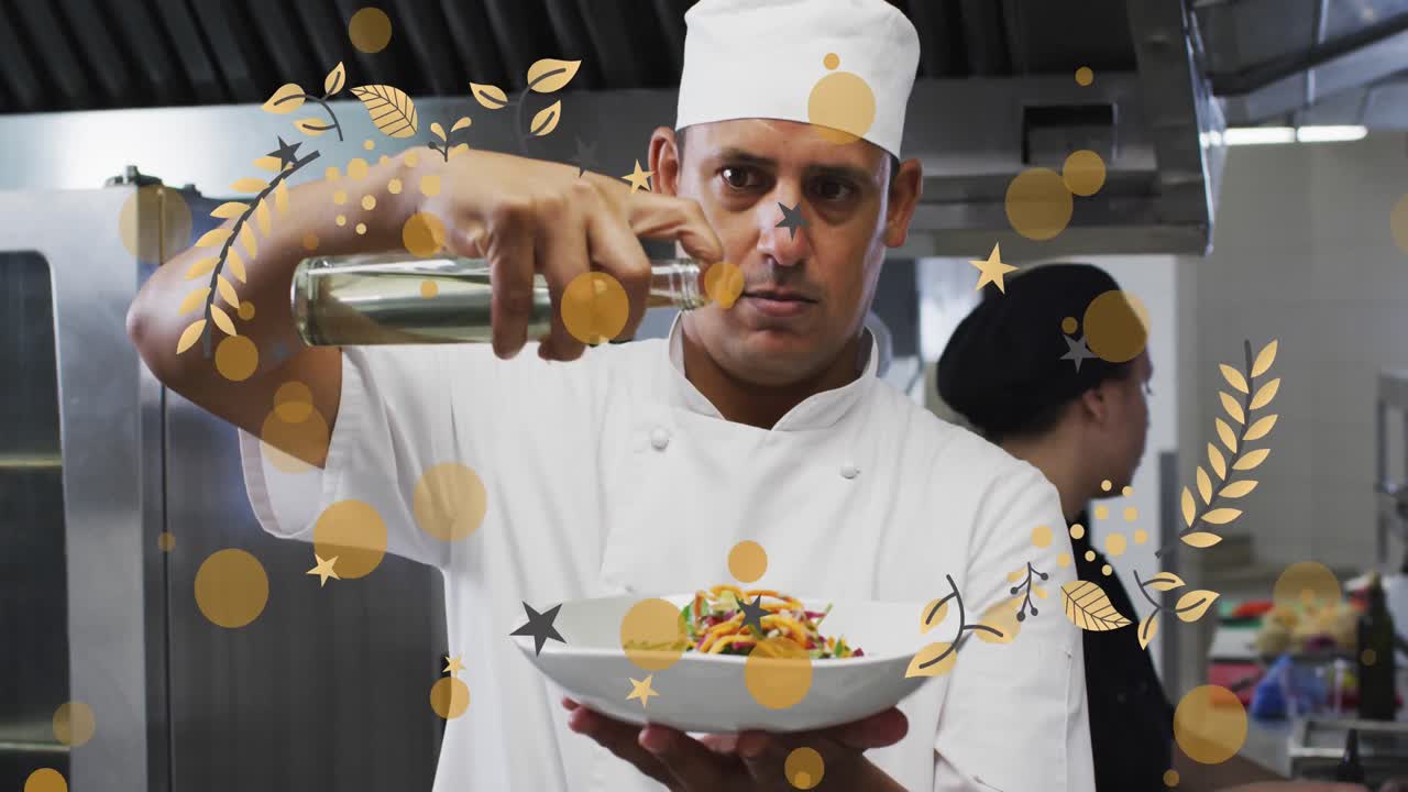 animación de puntos sobre el chef masculino biracial preparando la comida