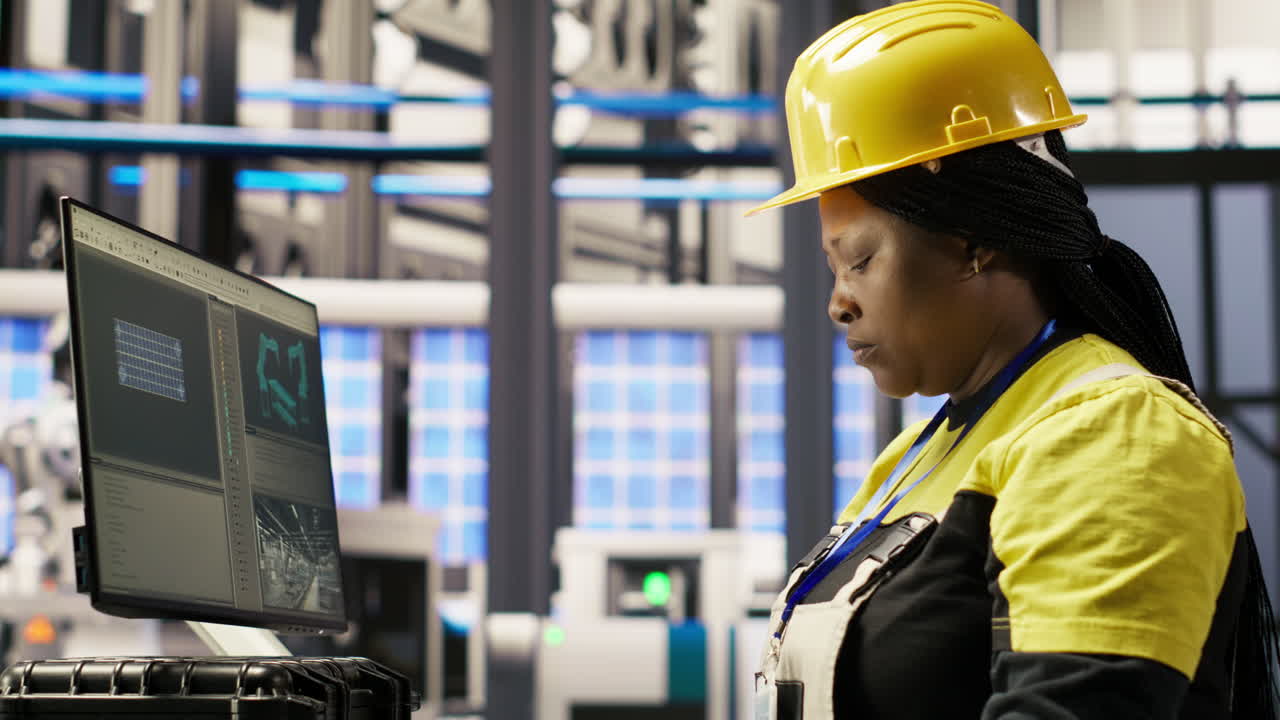 Vertical video Technician in industrial plant monitors production equipment using PC software