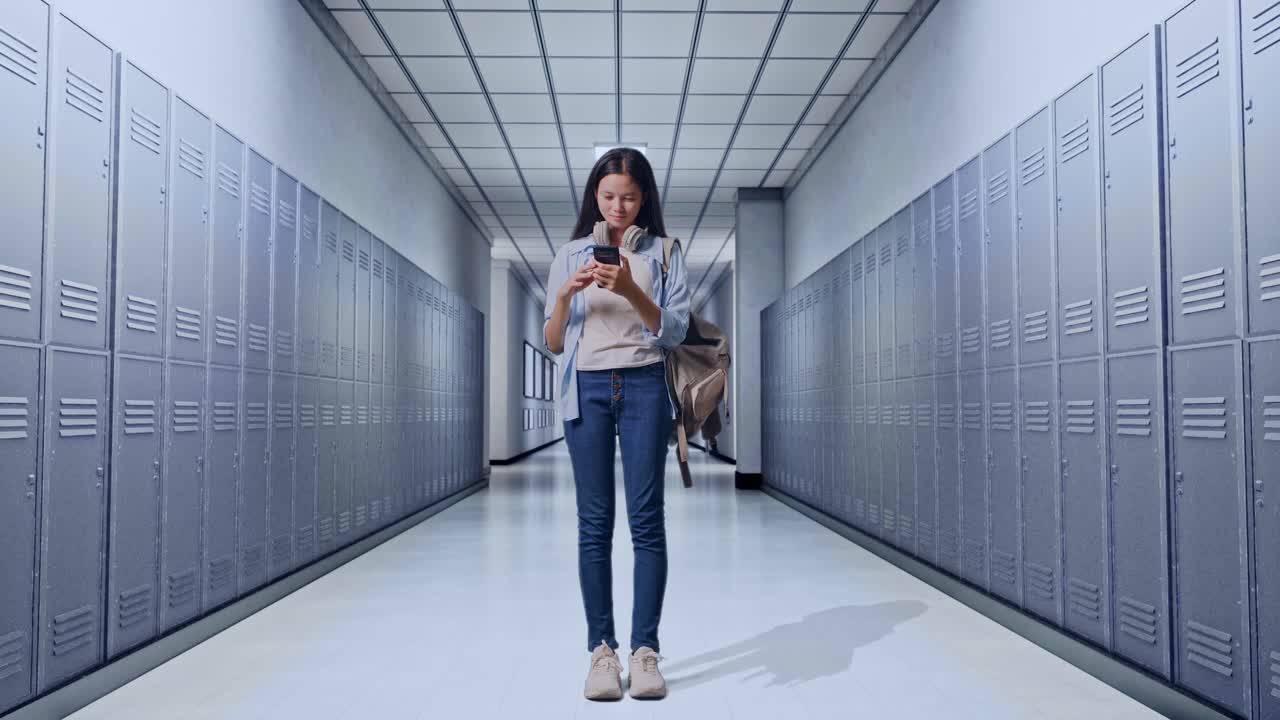 cuerpo lleno de estudiante adolescente asiática con una mochila sonriendo y usando un teléfono inteligente mientras está de pie en el corredor