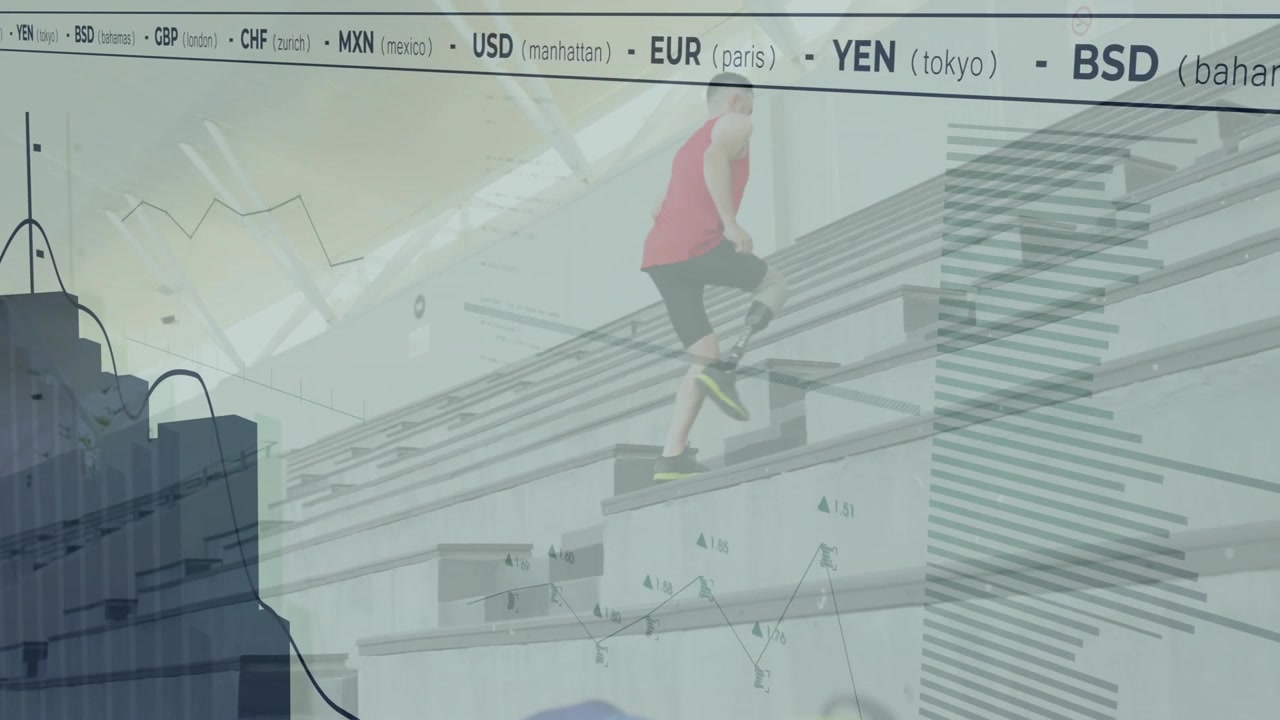 Male athlete raising running blade, climbing steps, finance fluctuating charts and ticker cycling