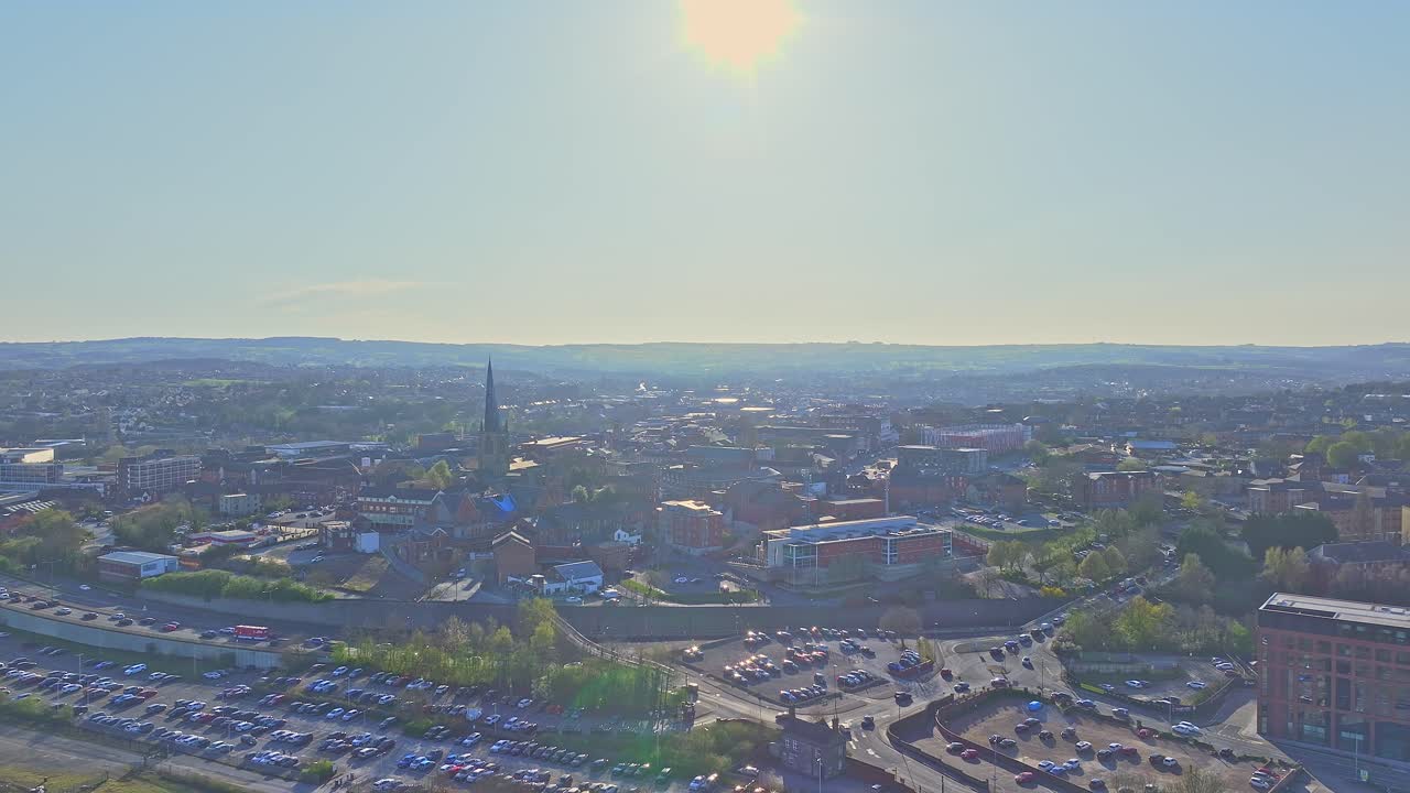 Panoramic aerial view of Chesterfield urban town with morning traffic under a bright clear sunny day, Derbyshire, England.