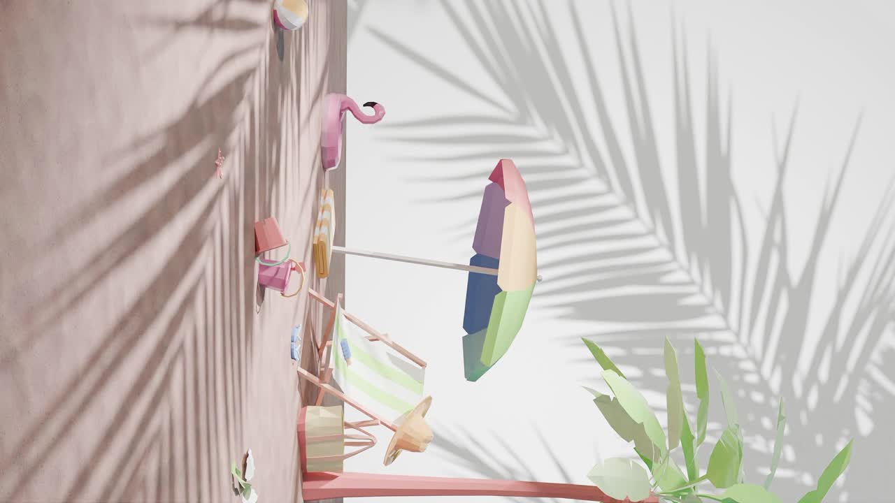 수직 3d 렌더링 애니메이션 - 열대 이있는 해변에서 휴가를 보내는 개념 여행사 리조트