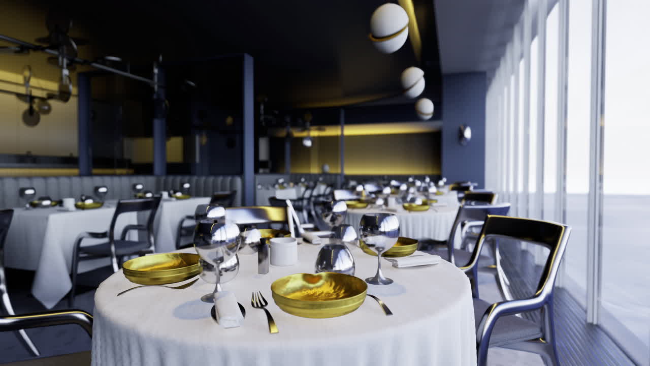 Interior de restaurante moderno con toques dorados