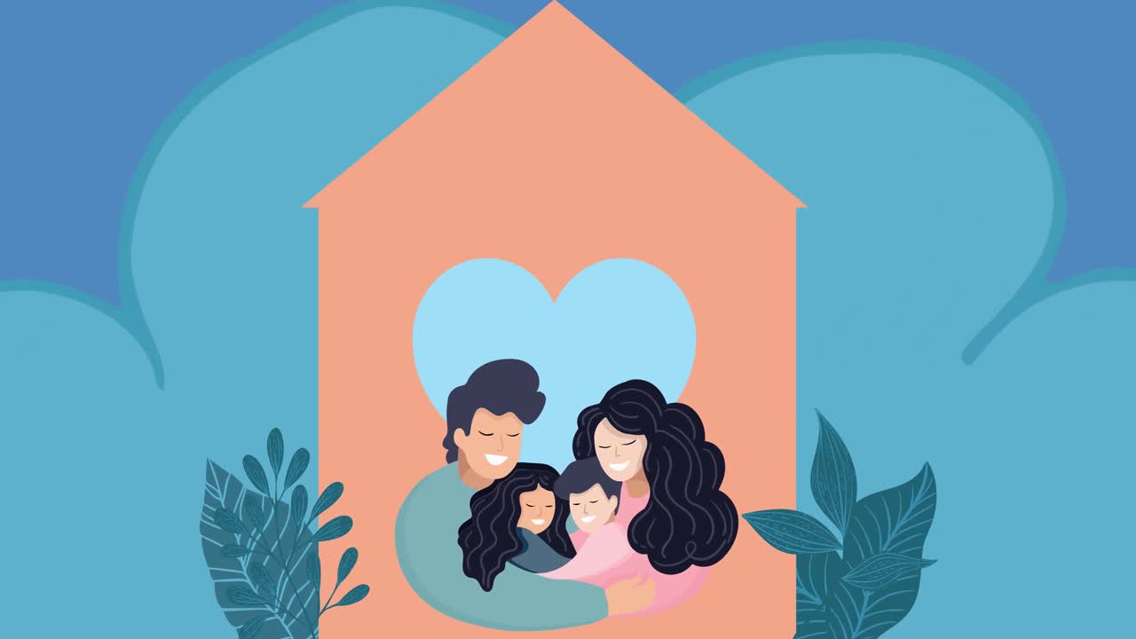 파란색 배경에 포옹하는 가족의 구성