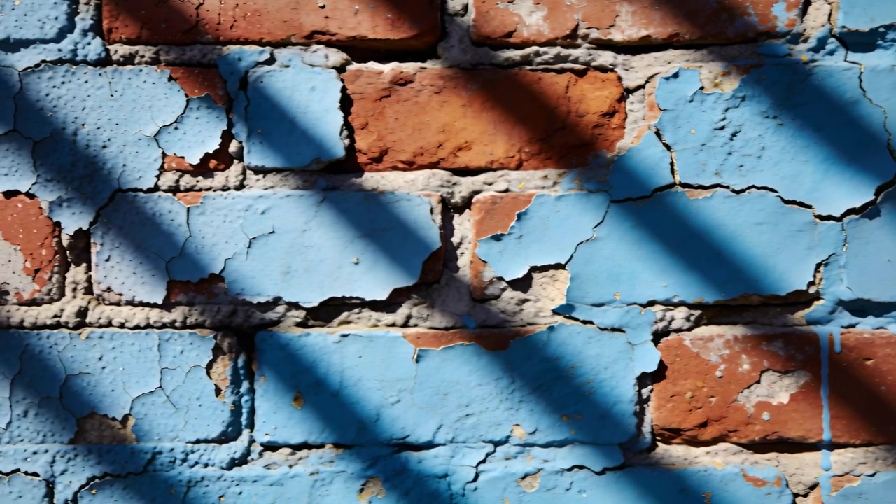 Shifting sunlight casting diagonal shadows on exterior brick wall, revealing flaky light-blue paint
