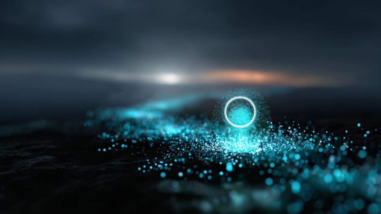 A mesmerizing display of luminous particles swirling around a bright circular shape against a dark, atmospheric backdrop, creating an ethereal digital ocean