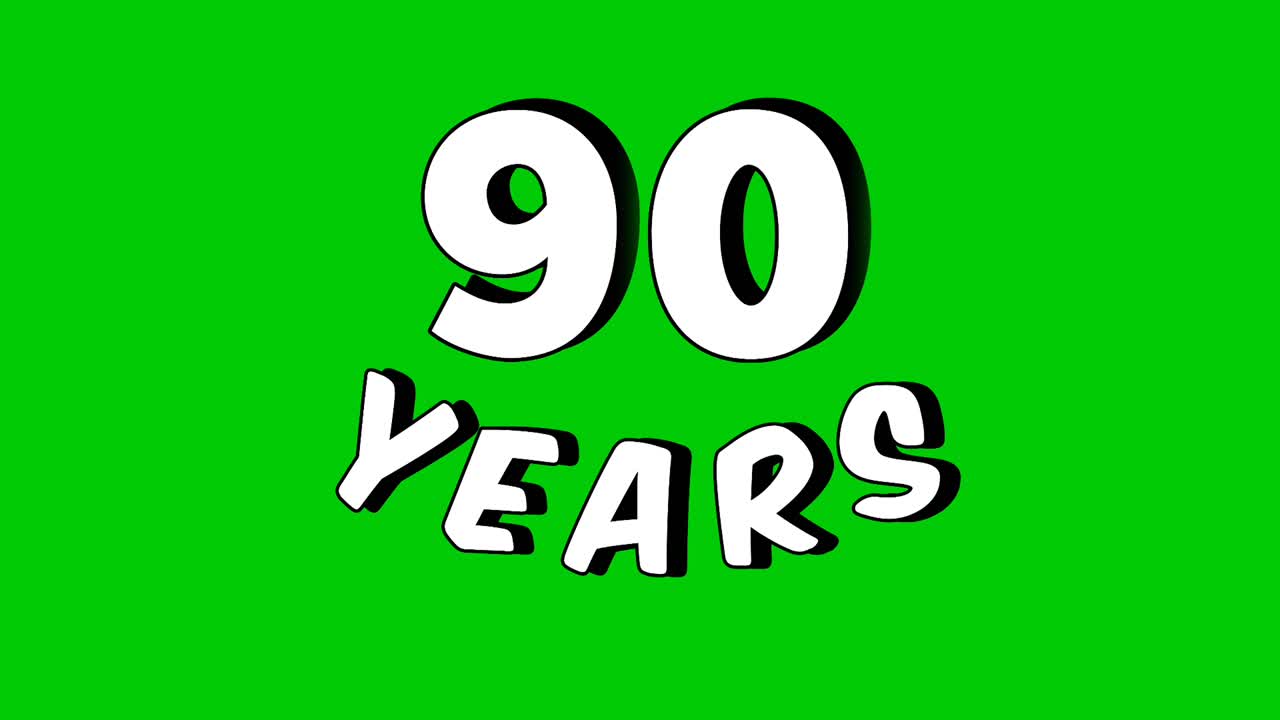 Animated footage of the number "90 years" with a green screen background. The number is presented in a modern and dynamic style, perfect for editing birthday videos, anniversaries video element