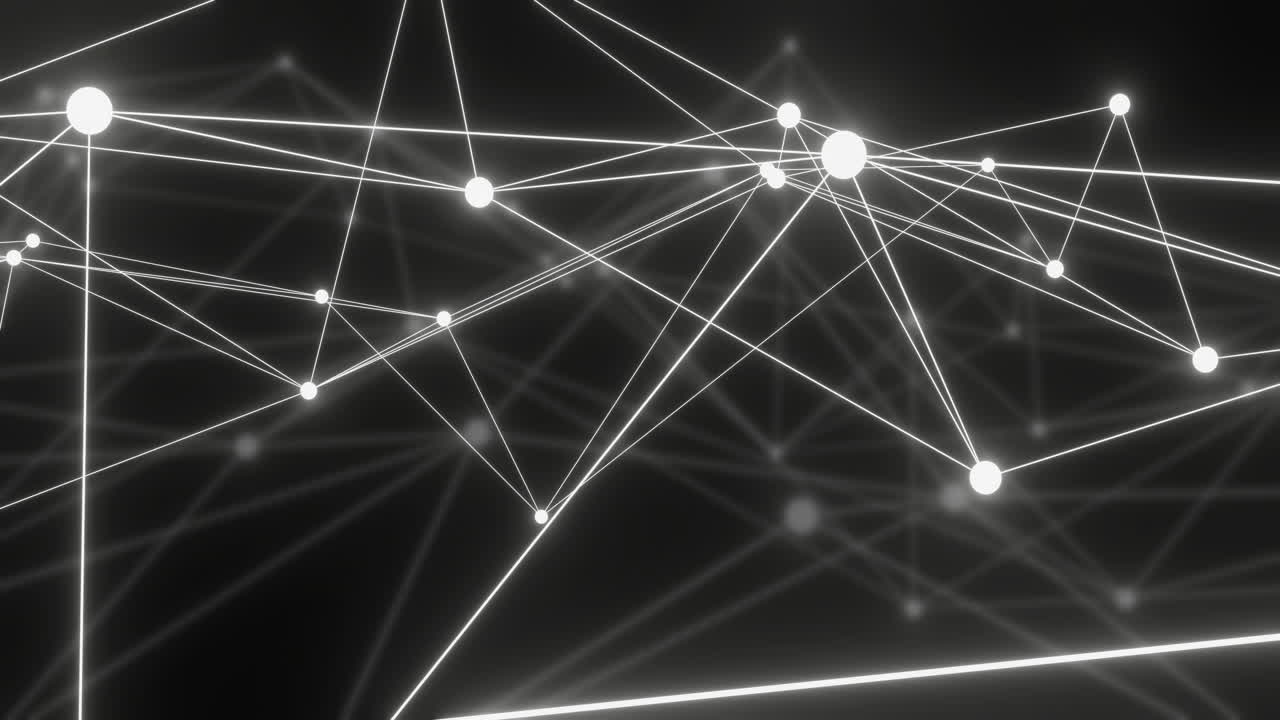 Animation of bright white 3d network moving over distant network on black background