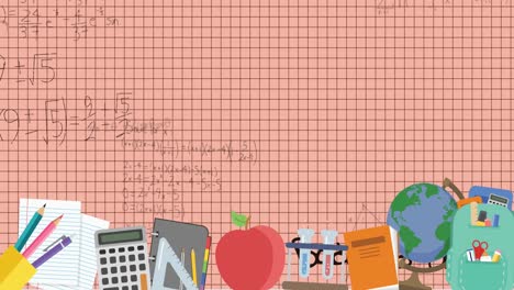 Animation-of-school-icons-and-mathematical-equations-over-squared-paper