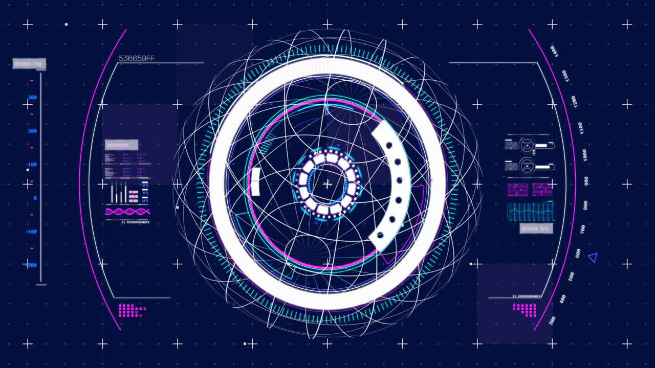 Futuristic data processing animation with circular interface and digital elements