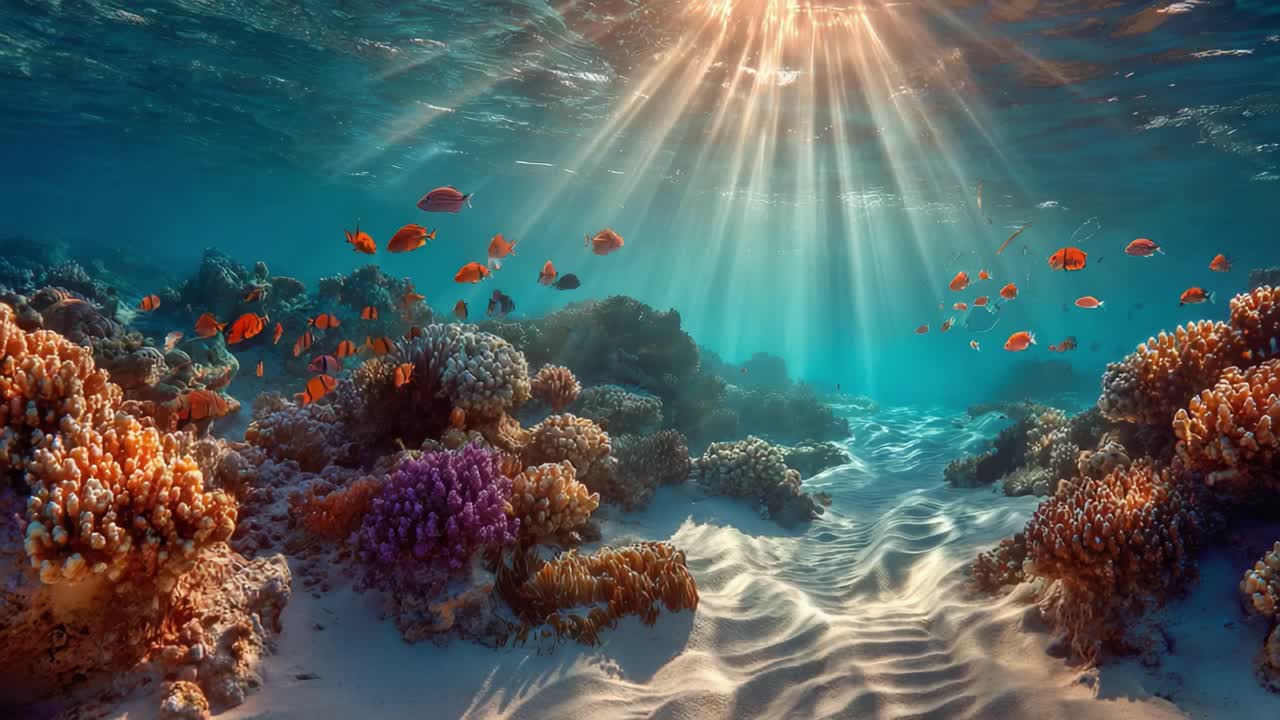 Захватывающая подводная сцена, демонстрирующая яркие коралловые рифы, освещенные солнечным светом, с плавающими разноцветными рыбами в безмятежной океанской среде