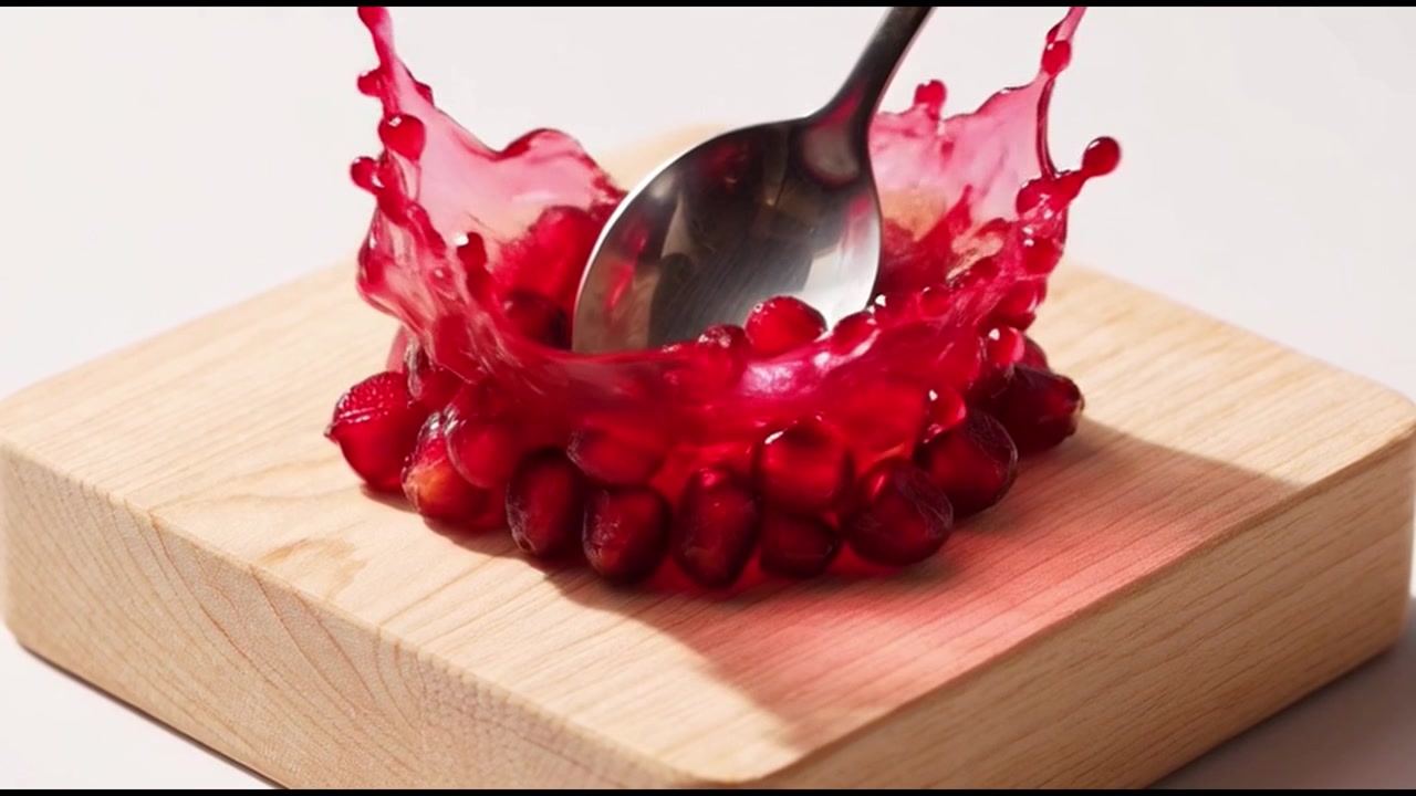 Cucchiaio che preme sui semi di melograno provocando uno schizzo di succo rosso