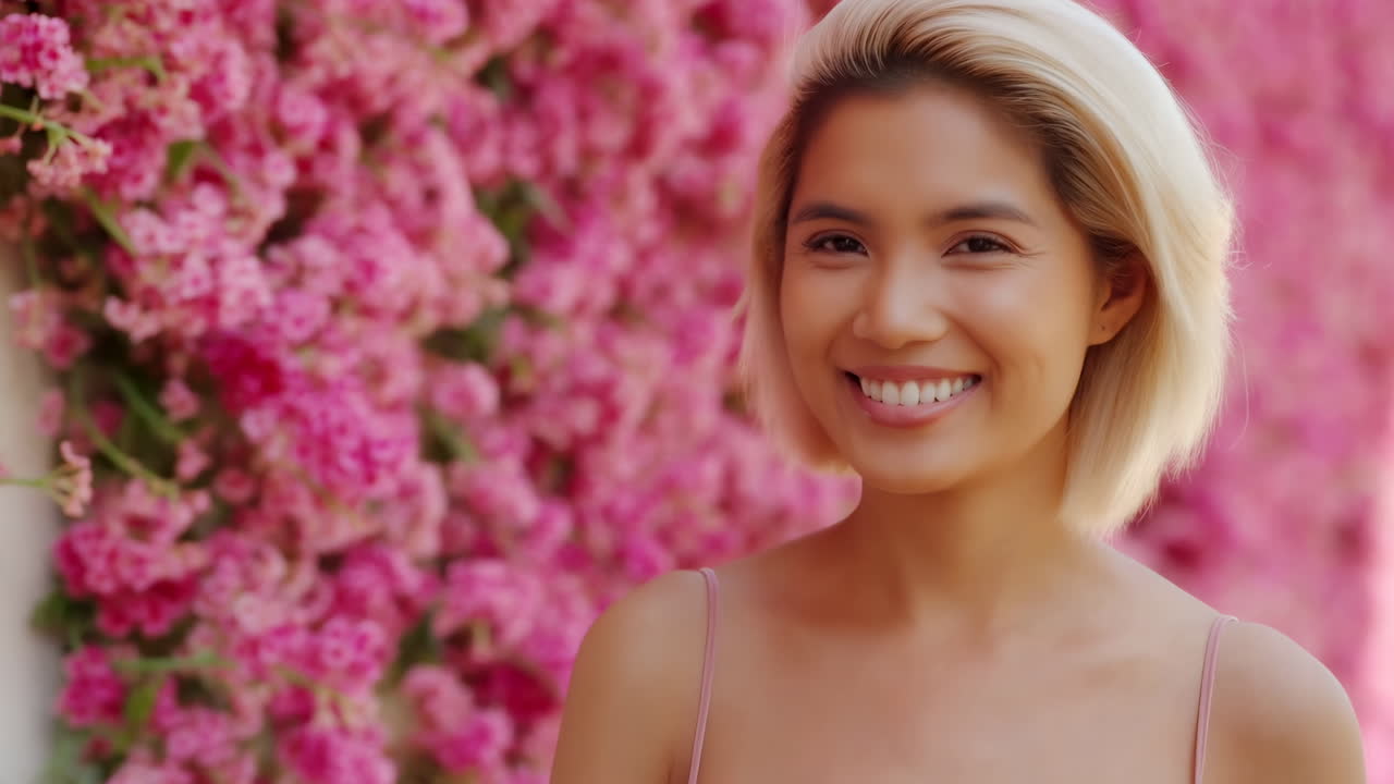 Donna sorridente tra i fiori rosa di buganvillea, ritratto cinematografico illuminato dal sole con bokeh morbido, trucco NatuRAM.