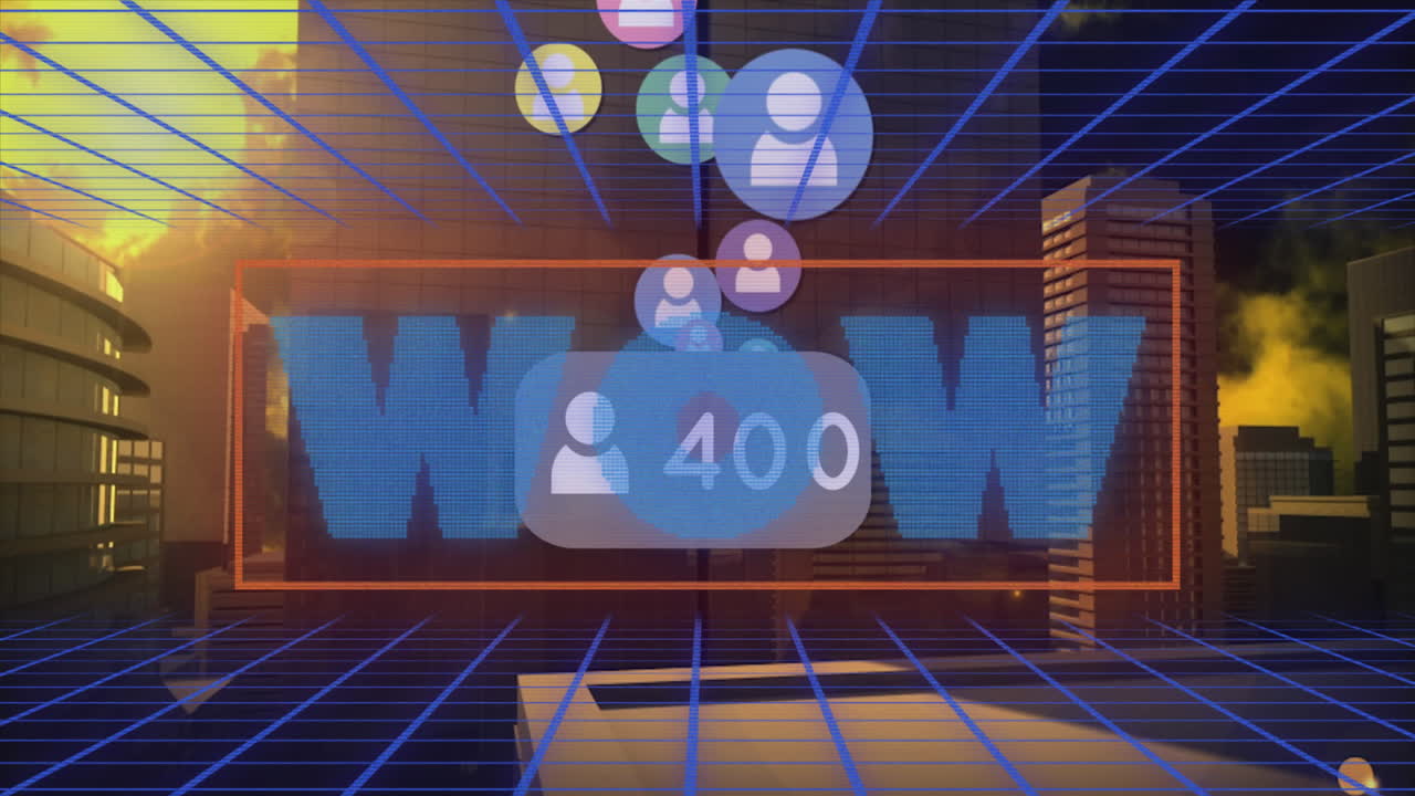 도시 풍경 위에서 성장하는 와우 텍스트와 숫자의 애니메이션