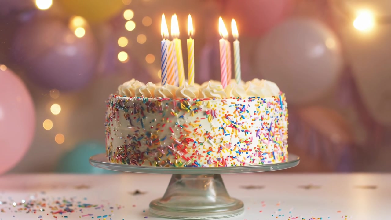 Torta di compleanno con candele accese e spruzzate colorate