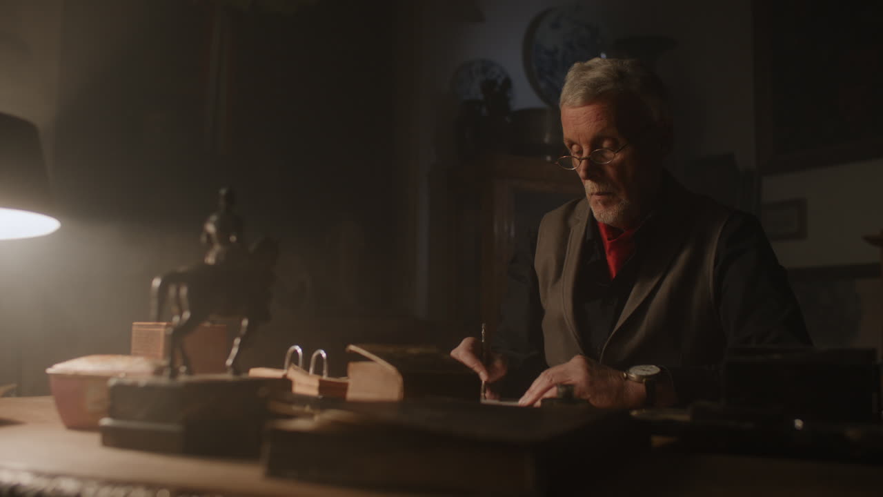 Old passionate man writes a letter in his office at night