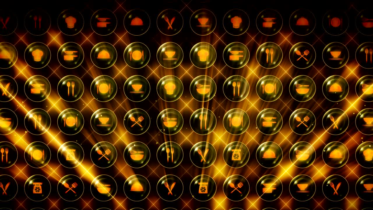 레스토랑 아이콘의 세트, 레스토랑 요리 장비 배경, cg 루프 애니메이션