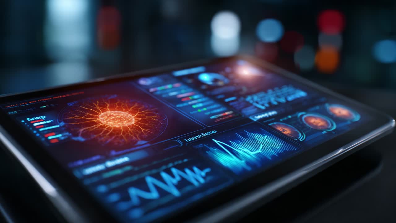 A close-up view of a high-tech tablet displaying a vibrant array of scientific data visualizations, including energy patterns, biometric readings, and complex analytics, set against a modern, blurred backdrop