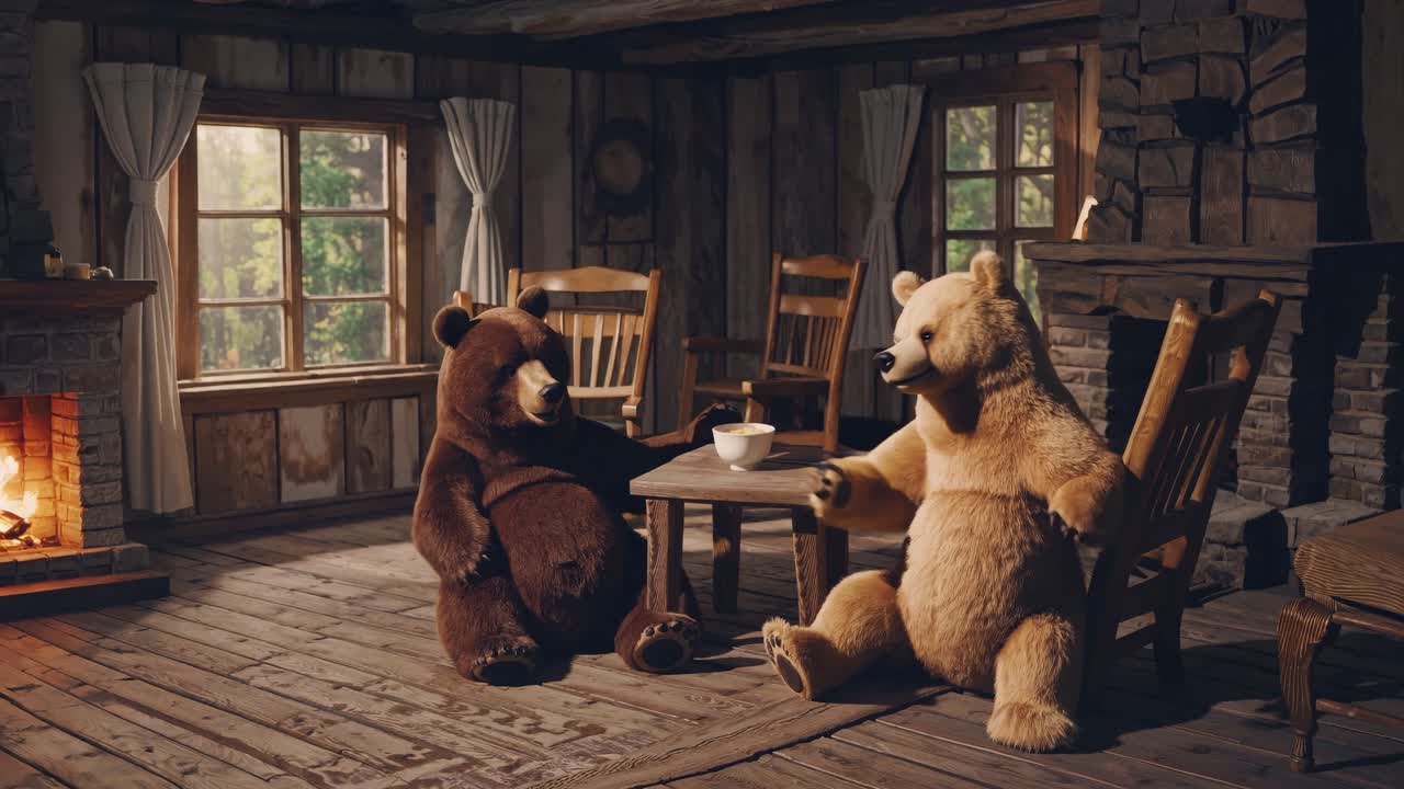 Two bears in a rustic cabin setting, seated at a wooden table. The video captures a cozy, warm