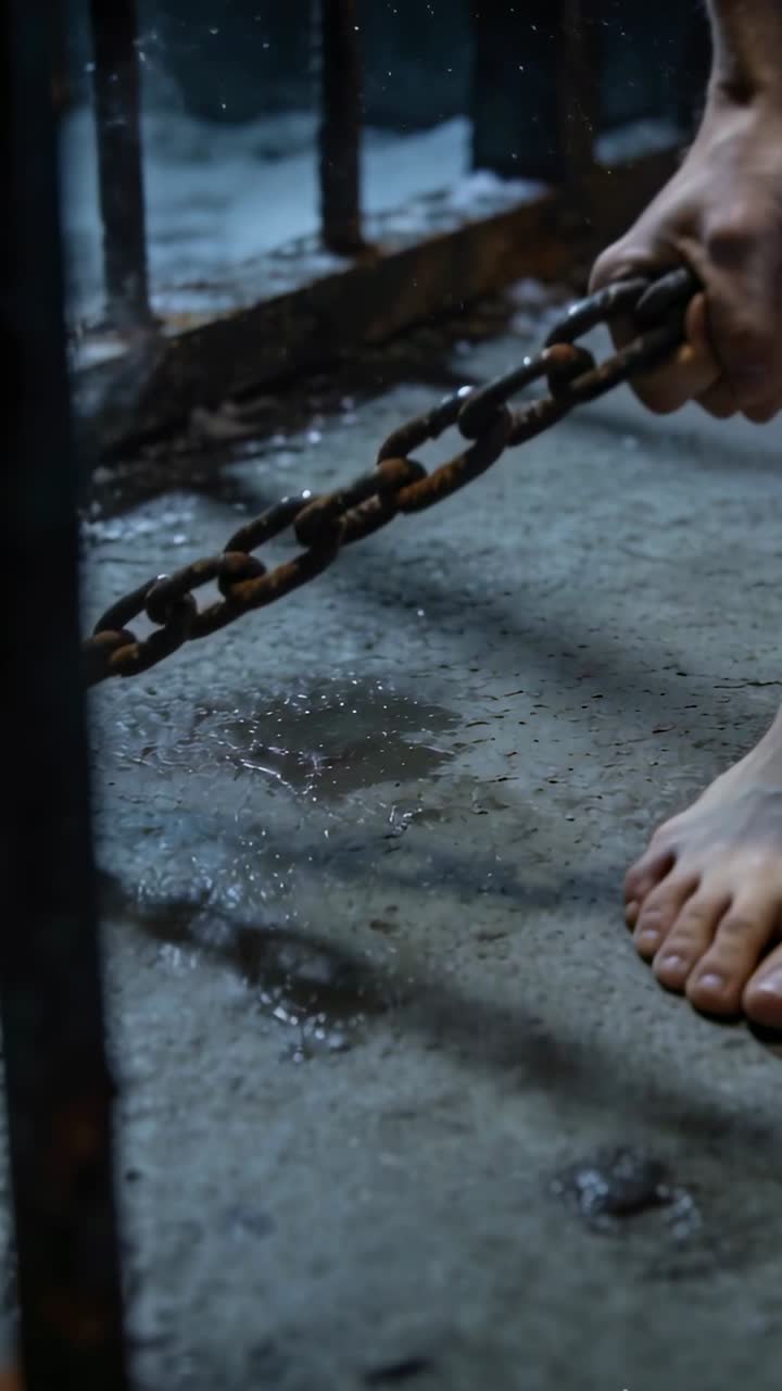Vertikales Video: Barfüßige Person greift rostige Kette, zieht Kette von Gittern, prüft die Spannung.