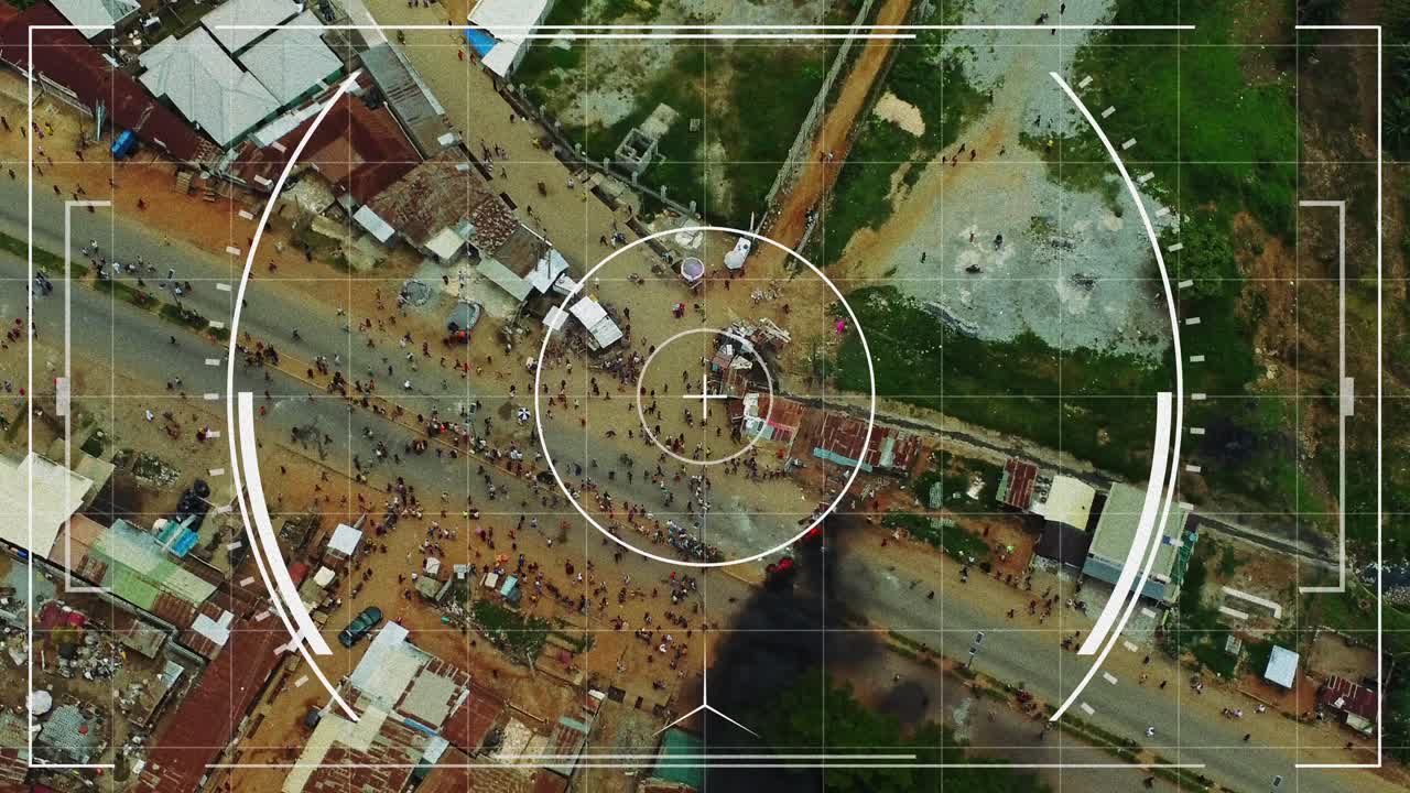 POV of a security drone zooming in to a crowd of people