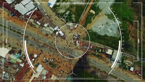 pov of a security drone zooming in to a crowd of people