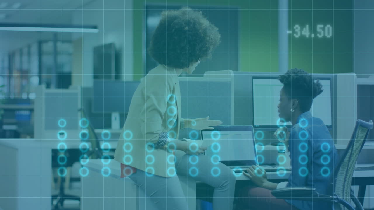 Animation of financial data processing over diverse business people in office