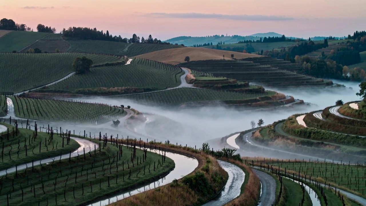 Nebbia che si muove nella valle, entrando nei vigneti terrazzati all'alba, riempiendo le tortuose strade di servizio asfaltate.