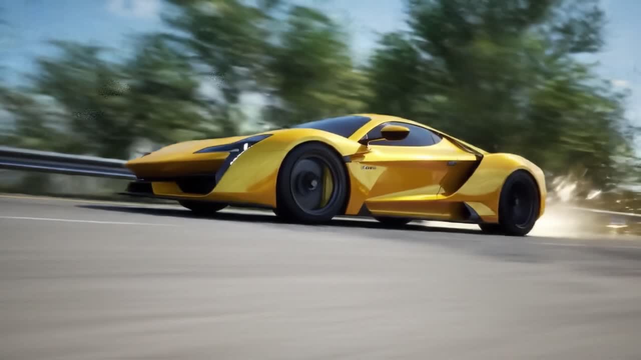 A Stunning Yellow Hypercar Captured in Motion on a Scenic Road, Showcasing its Sleek Design and Powerful Performance Amidst Lush Greenery and Blue Skies