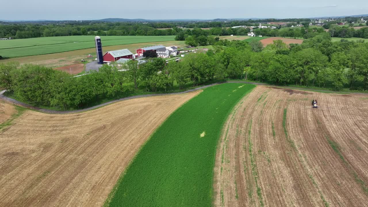 Drone shot of american countryside with farm fields and silo storage. Wild bees flying into camera lens. Sunny day in summer. Working tractor harvester on cropland.