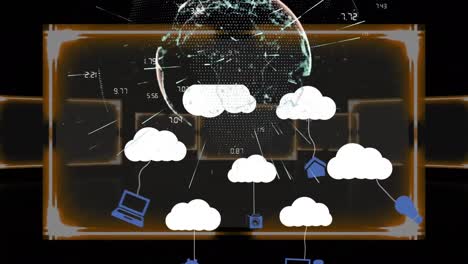 animación del procesamiento de datos sobre globo y iconos de nubes en fondo oscuro.
