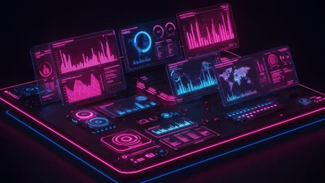 futuristic data display: a multilayered dashboard visualization featuring vibrant graphs and interactive elements in neon colors against a dark background