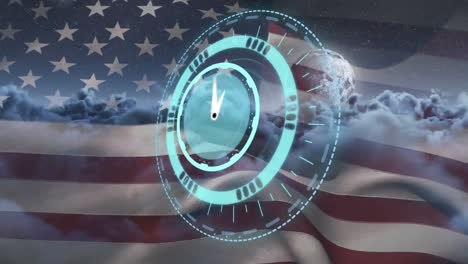 Animation-of-rotating-safe-lock-with-clock-hands-over-american-flag-and-clouds