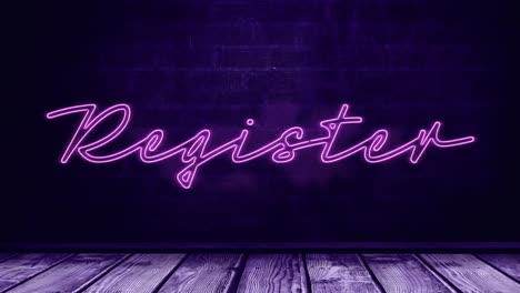 animation of pink neon style word register flickering on purple bricks background