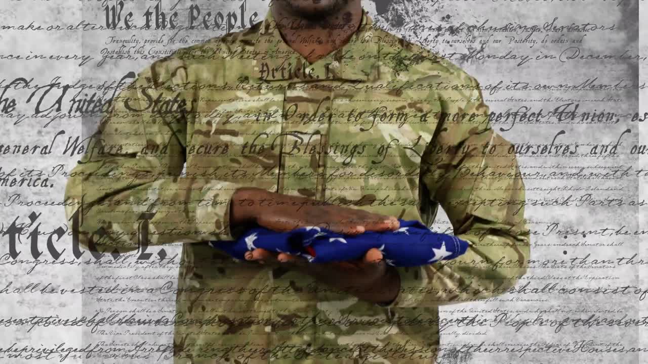 Animation of document with text over soldier holding american flag