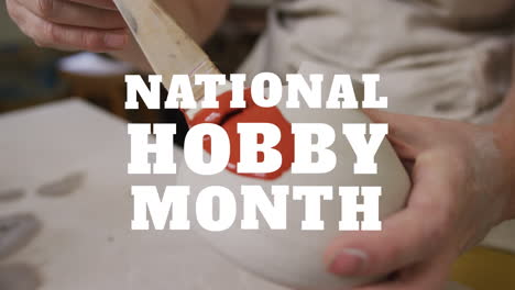 animation of national hobby month text over midsection of caucasian woman painting pottery