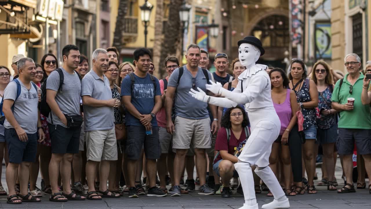 A Captivating Street Performance: A Mime Entertains a Fascinated Crowd with Expressive Movements and Lively Interaction in Vibrant Urban Setting