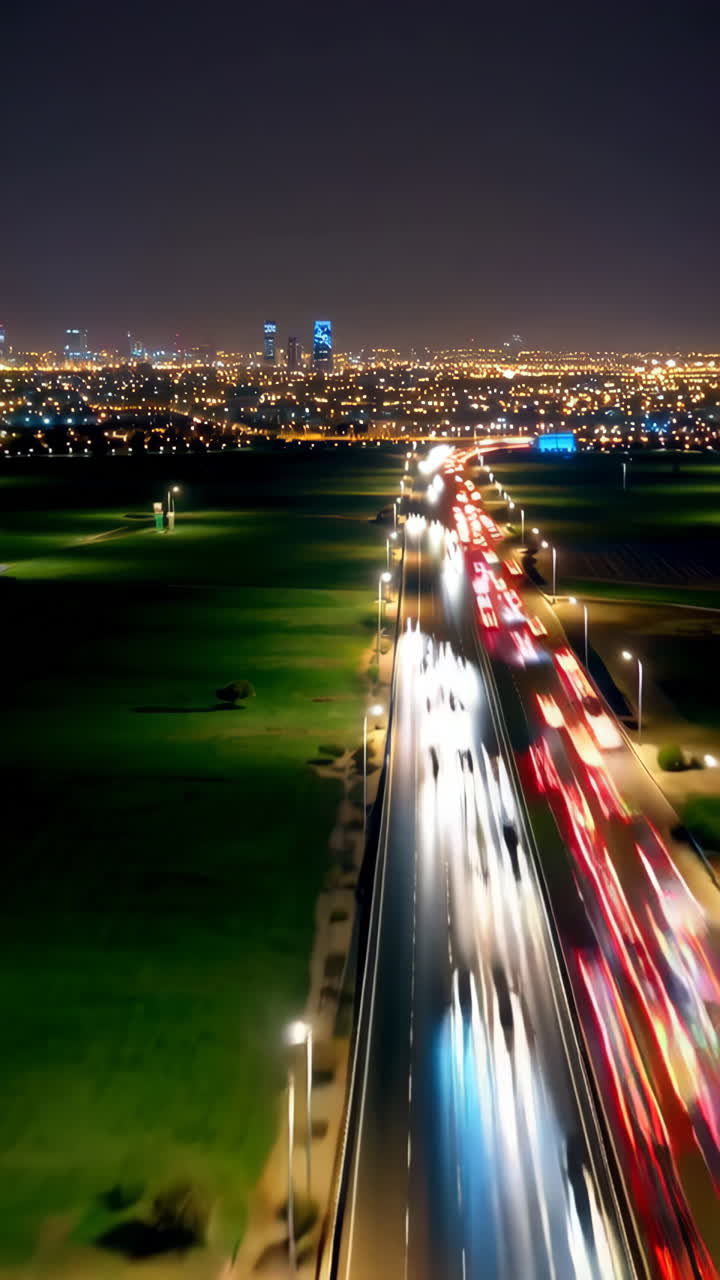 Night Traffic Light Trails on a Highway with Distant City Skyline