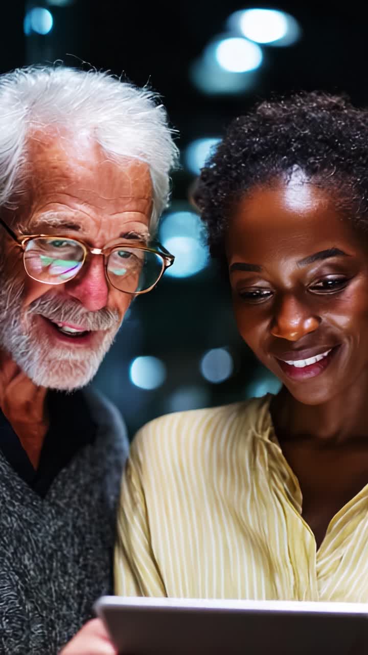 Intergenerational Connection Displayed Through Shared Laughter and Joyful Interaction Between an Older Man and a Young Woman While Viewing a Tablet Together