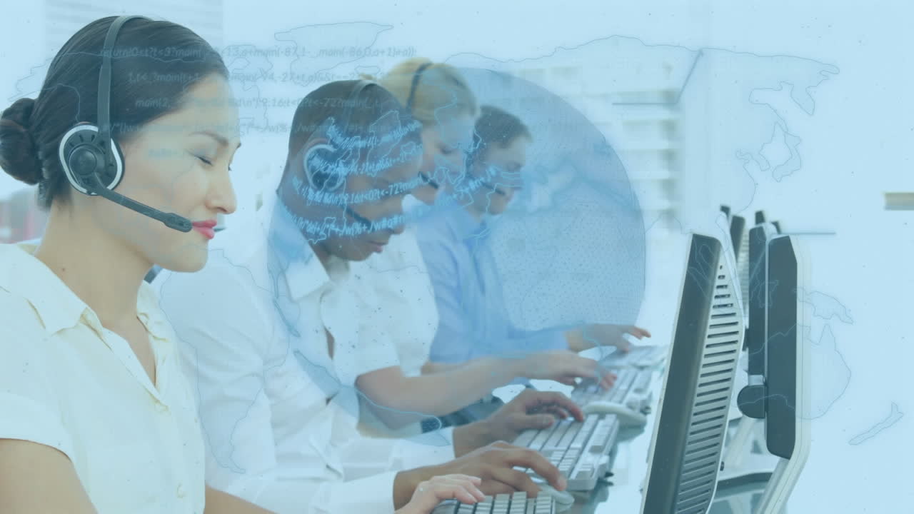 전화 헤드 ⁇ 을 착용 한 사업가 들 위 에 있는 지구와 세계 지도 의 애니메이션